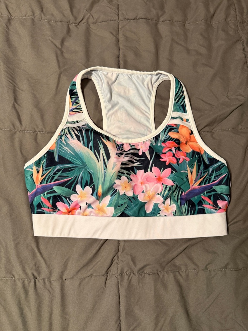 SHEIN Tropical Floral Racerback Sports Bra - Green, Pink, Orange